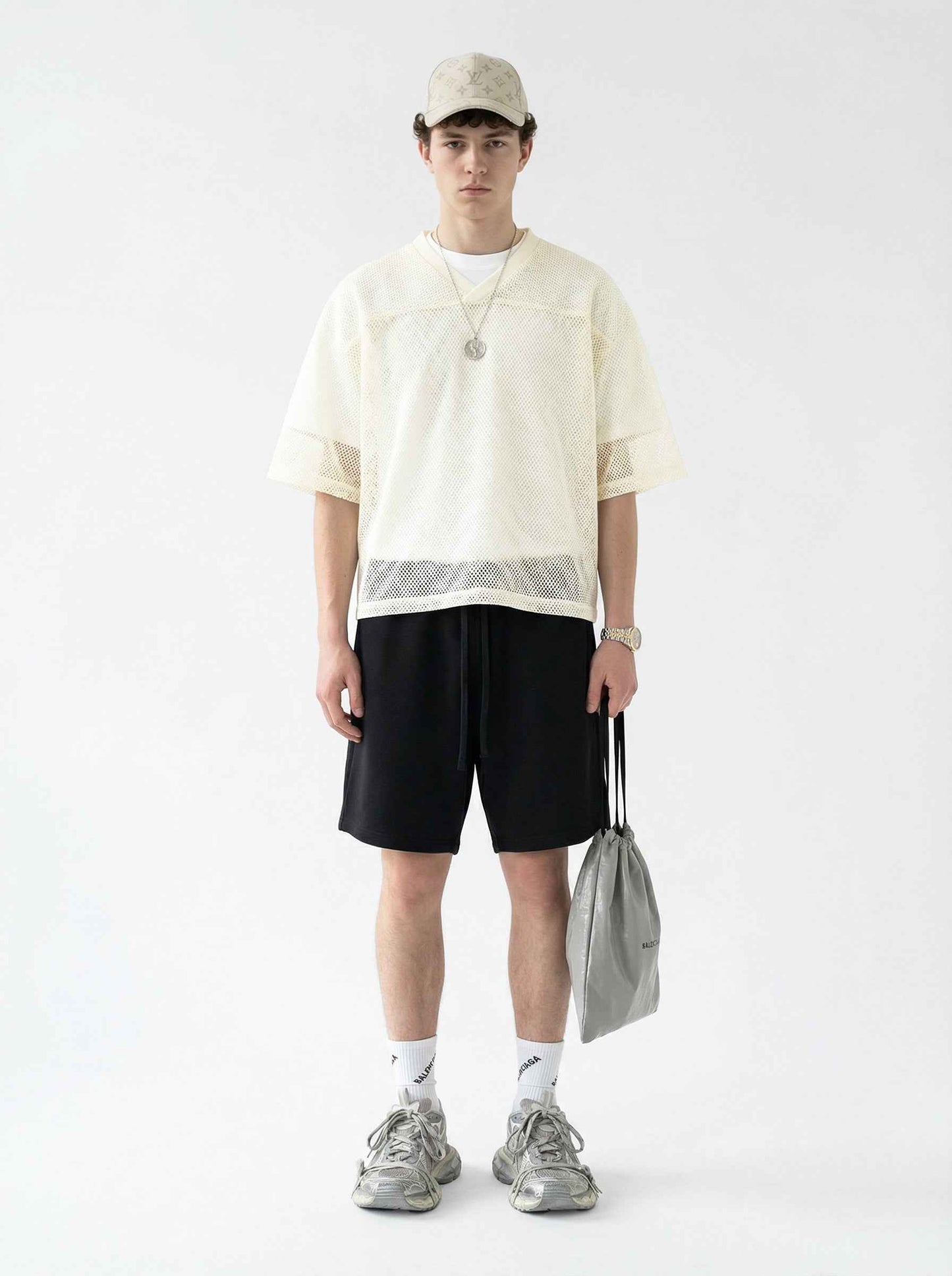 240GSM Men’s Boxy-Fit Mesh Layering V-Neck Tee
