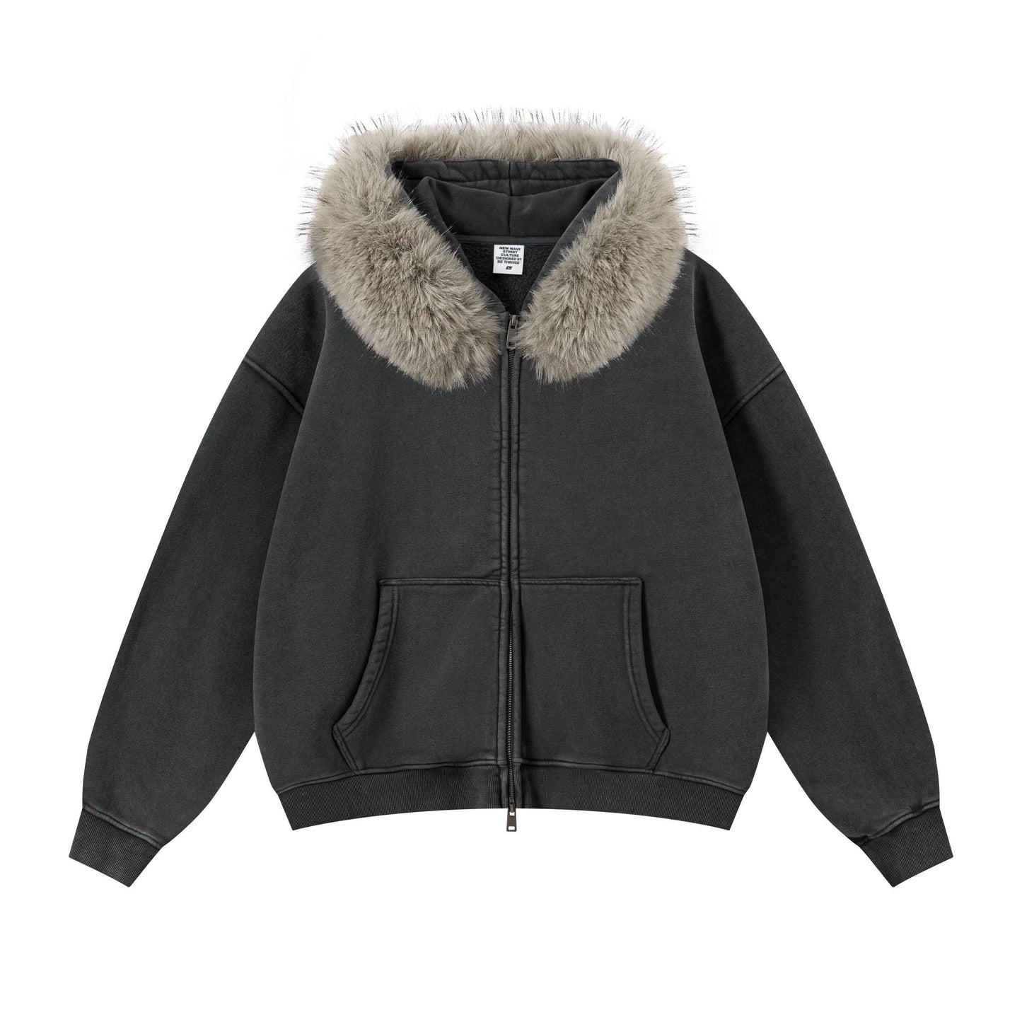 400GSM Unisex Vintage Boxyfit Faux Fur Collar Zipper Coat
