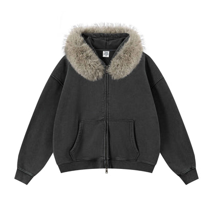 400GSM Unisex Vintage Boxyfit Faux Fur Collar Zipper Coat