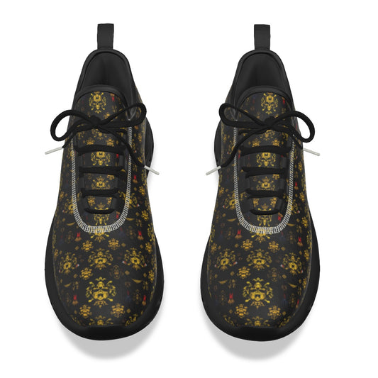 Munsieur luxury athletic shoes men in black with gold floral pattern and black laces