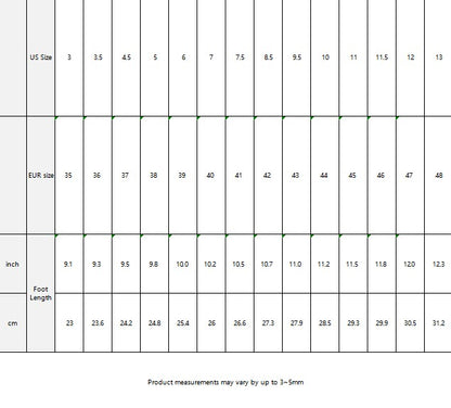 Size chart for luxury athletic shoes men by Munsieur showing US, EUR sizes with foot length in inches and cm