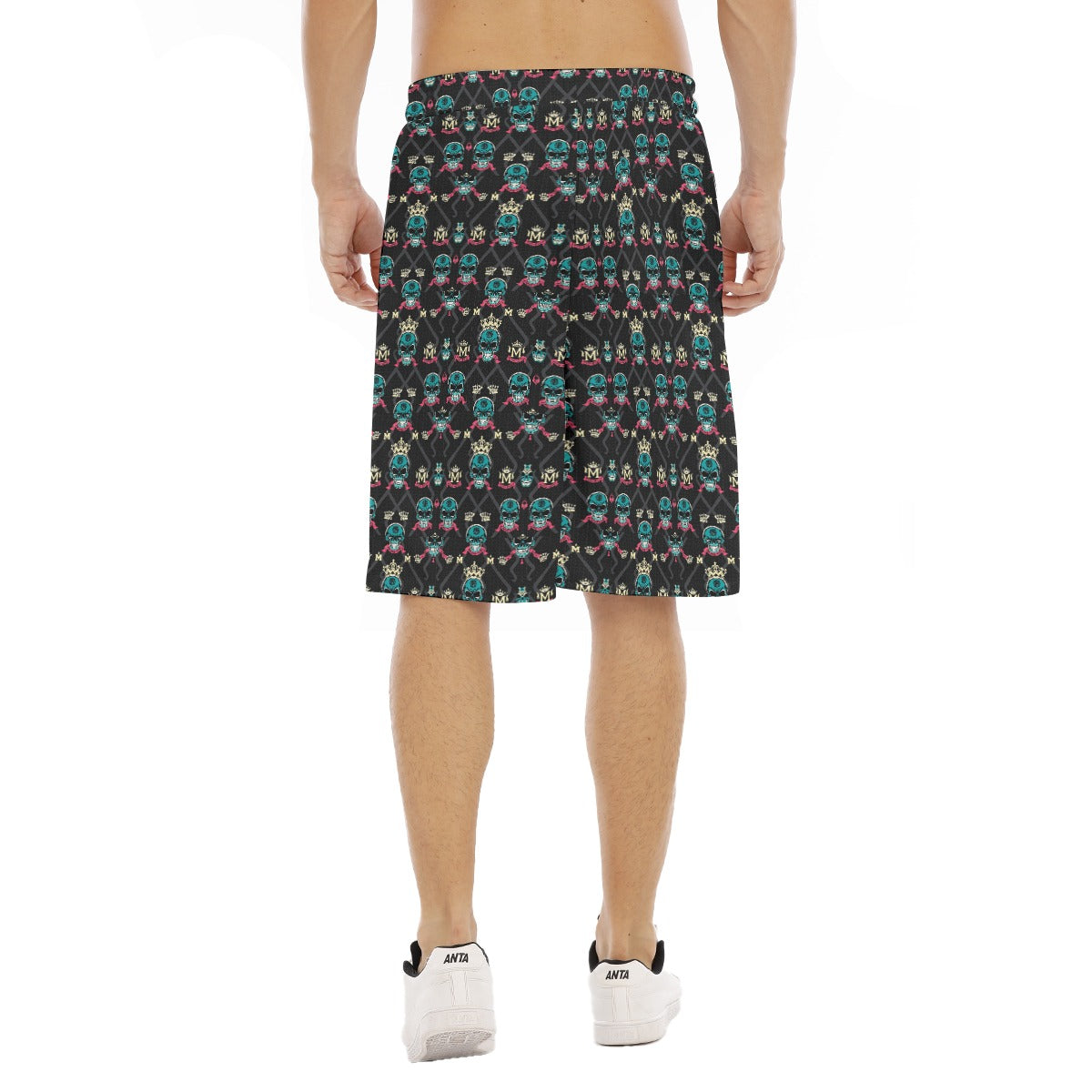 Munsieur luxury casual men's shorts with colorful pattern worn by a male model shown from back