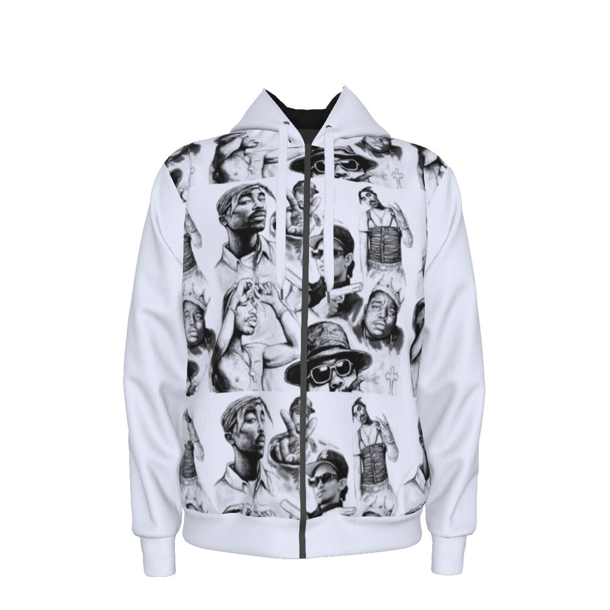 Munsieur luxury graphic hoodie for men with black and white artistic portraits and front zipper
