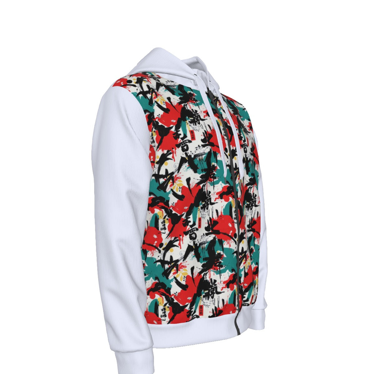 Luxury graphic men's hoodies by Munsieur with white sleeves and multicolor abstract design on front