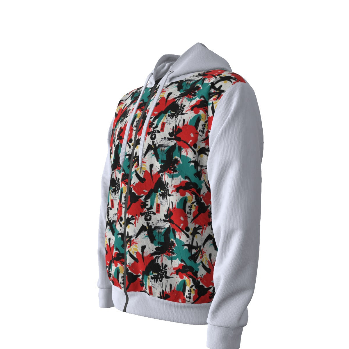 Munsieur luxury graphic men's hoodies with vibrant red green and black abstract print on white sleeves
