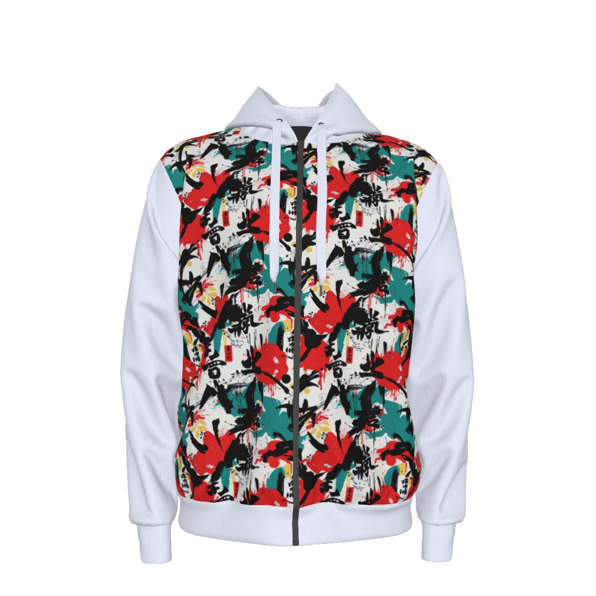 Munsieur luxury graphic men's hoodies with white sleeves and vibrant multicolor abstract print front