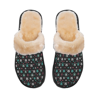 Munsieur luxury indoor slippers for women with black patterned exterior and soft beige faux fur lining