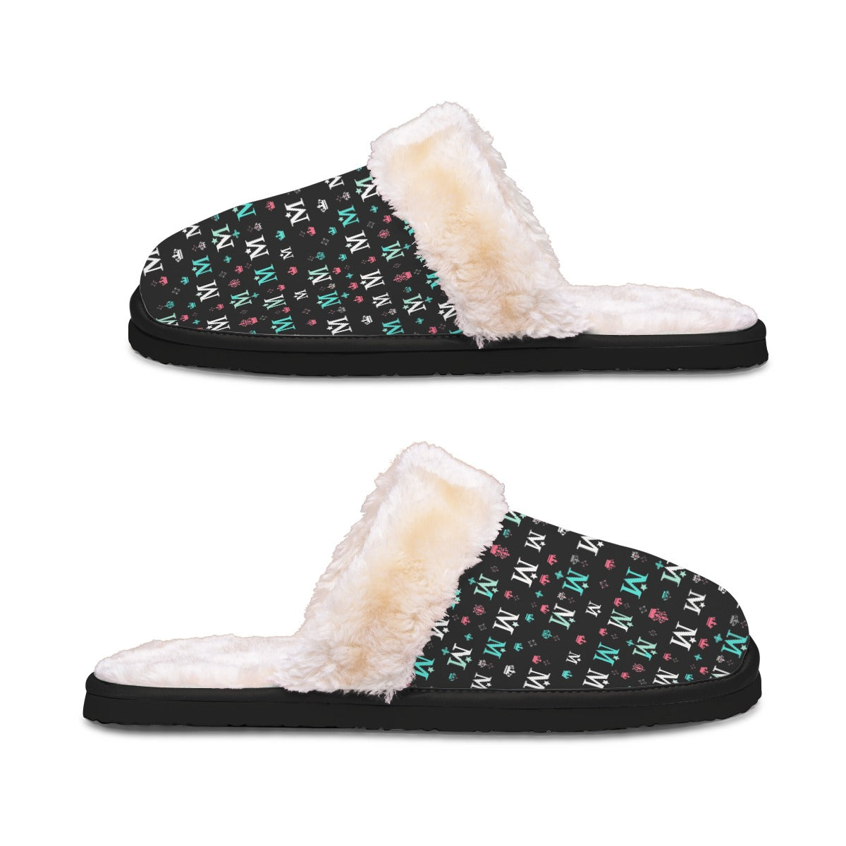 Munsieur luxury indoor slippers for women with black patterned exterior and soft white plush lining