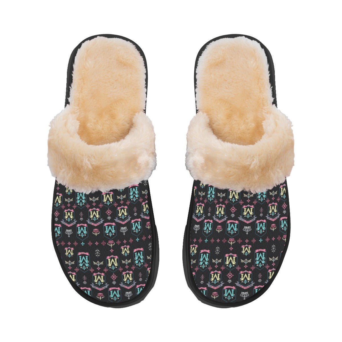Munsieur luxury ladies indoor slippers with soft faux fur lining and patterned black exterior