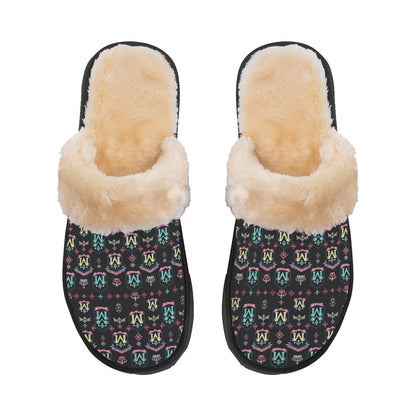Munsieur luxury ladies indoor slippers with soft faux fur lining and patterned black exterior