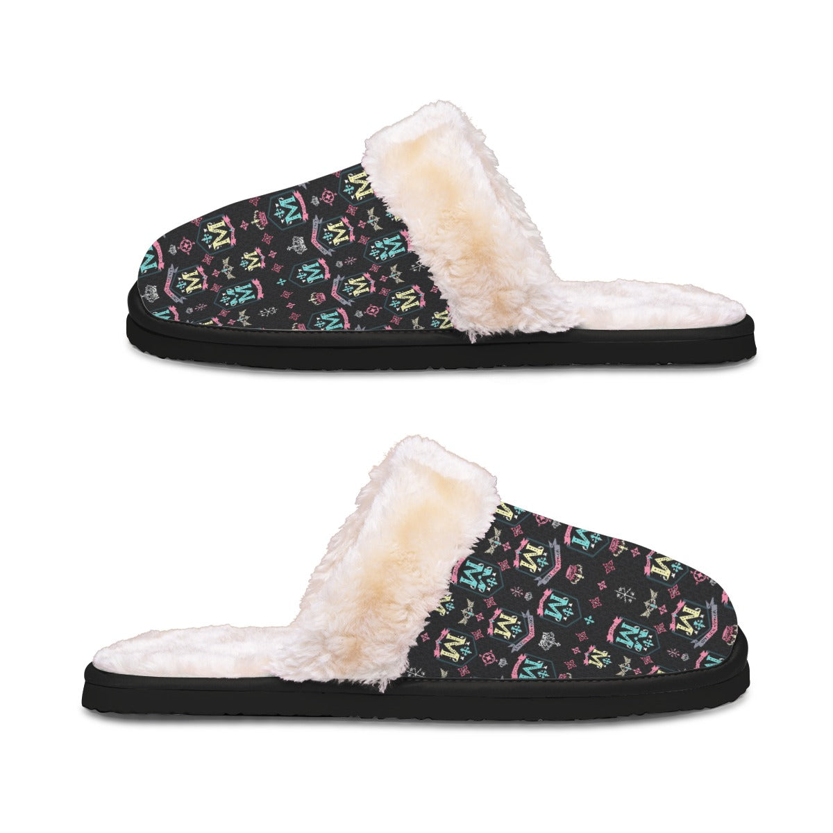 Munsieur luxury ladies indoor slippers with fluffy white lining and multicolor patterned black exterior