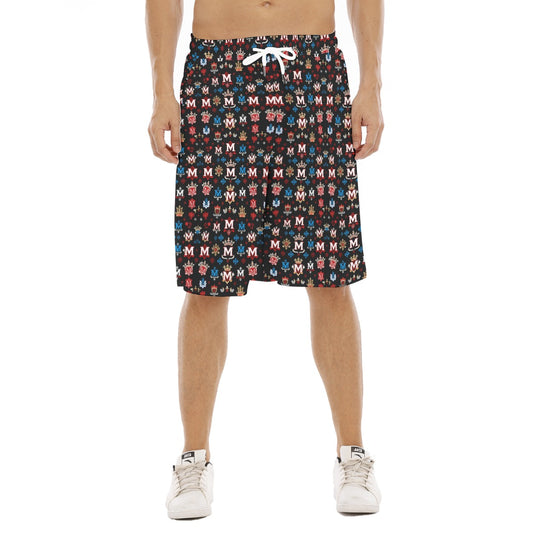 Munsieur luxury men's fashion shorts with multicolor pattern and white drawstring on male model