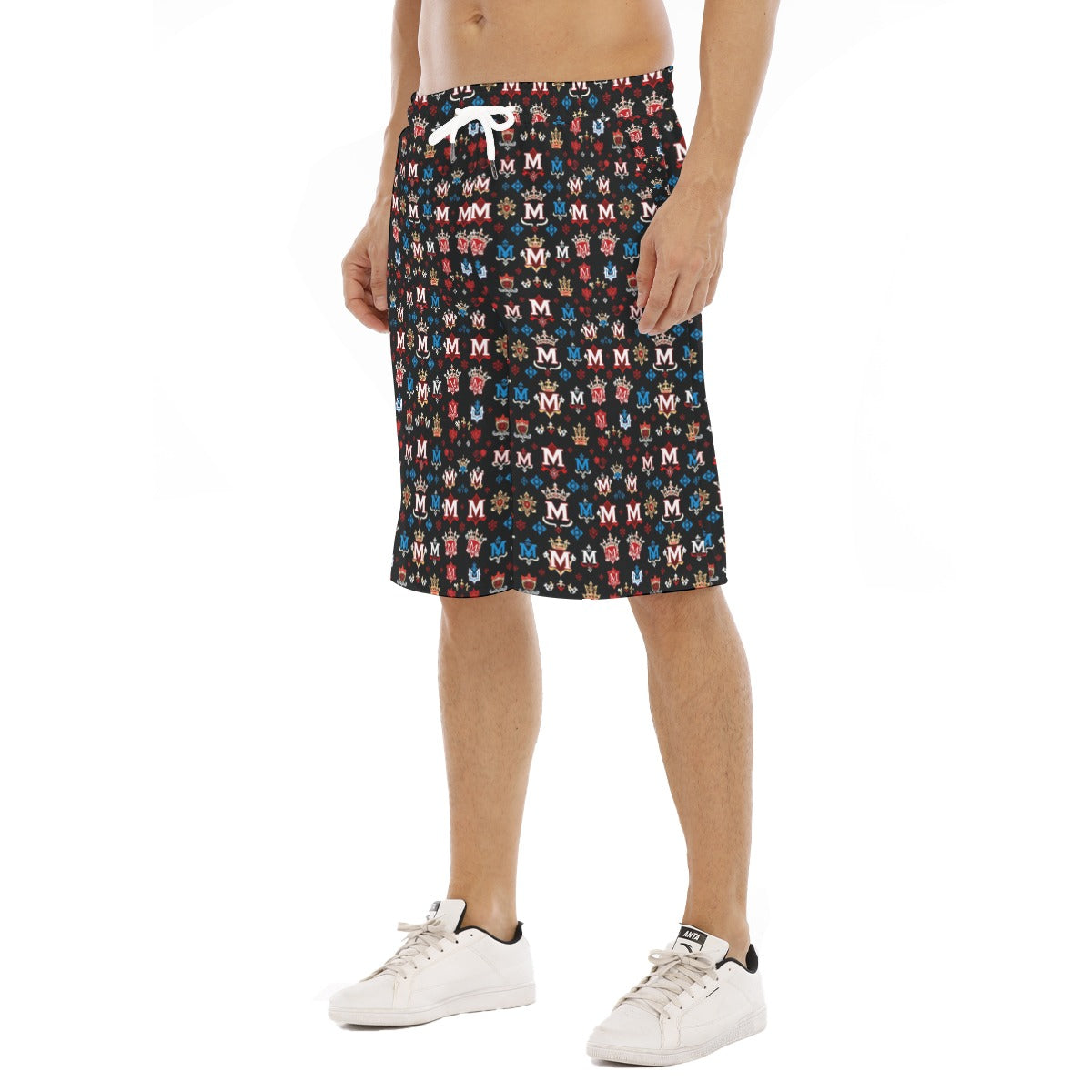 Munsieur luxury men's fashion shorts with colorful pattern and white drawstring on model