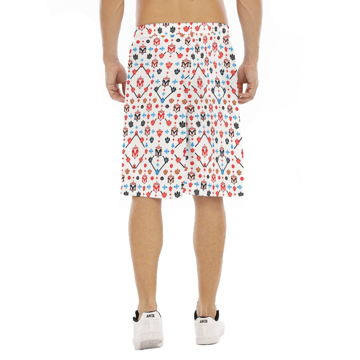 Back view of luxury men's gym shorts urban style with red blue and black pattern on white fabric
