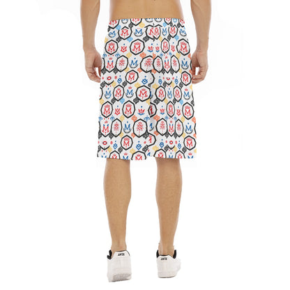 Back view of luxury men's shorts for summer with colorful Munsieur logo pattern and elastic waistband