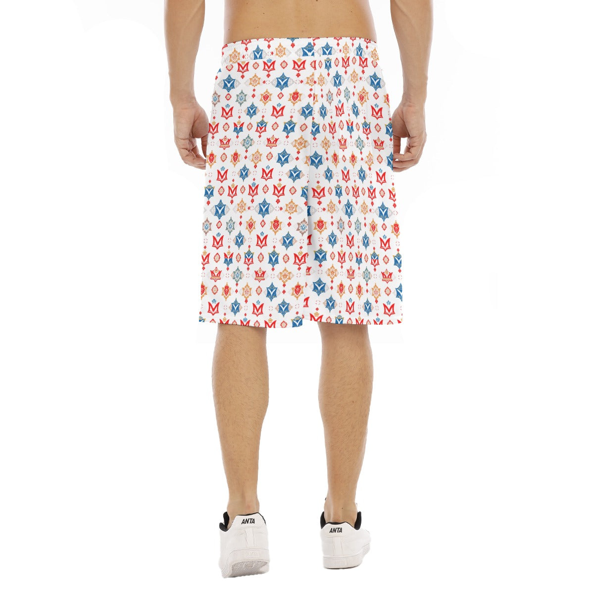 Munsieur luxury men's summer shorts in white with red and blue pattern worn from back
