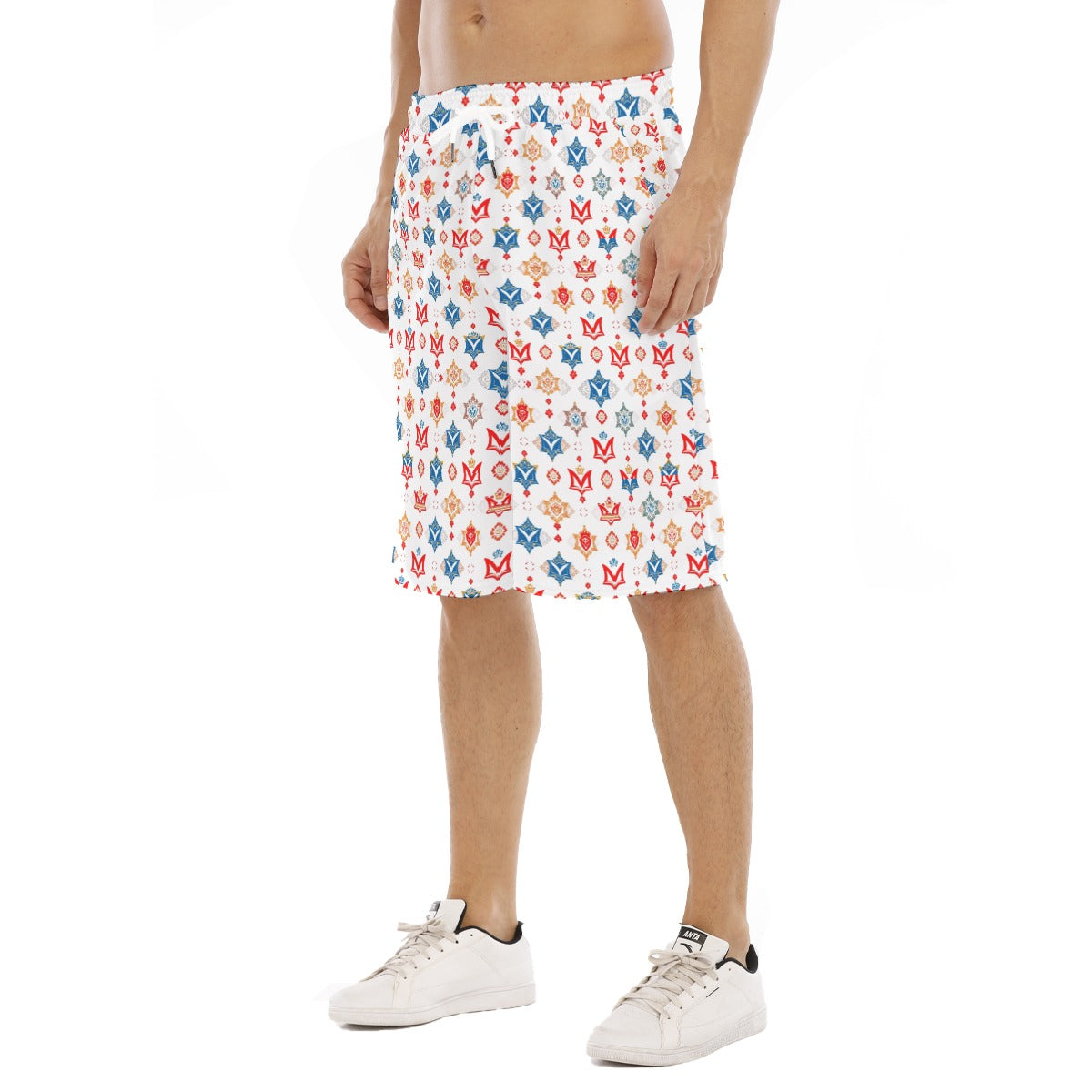 Munsieur luxury men's summer shorts with colorful pattern worn with white sneakers