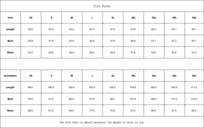 Size guide chart for luxury printed summer dress for women with measurements in inches and centimeters