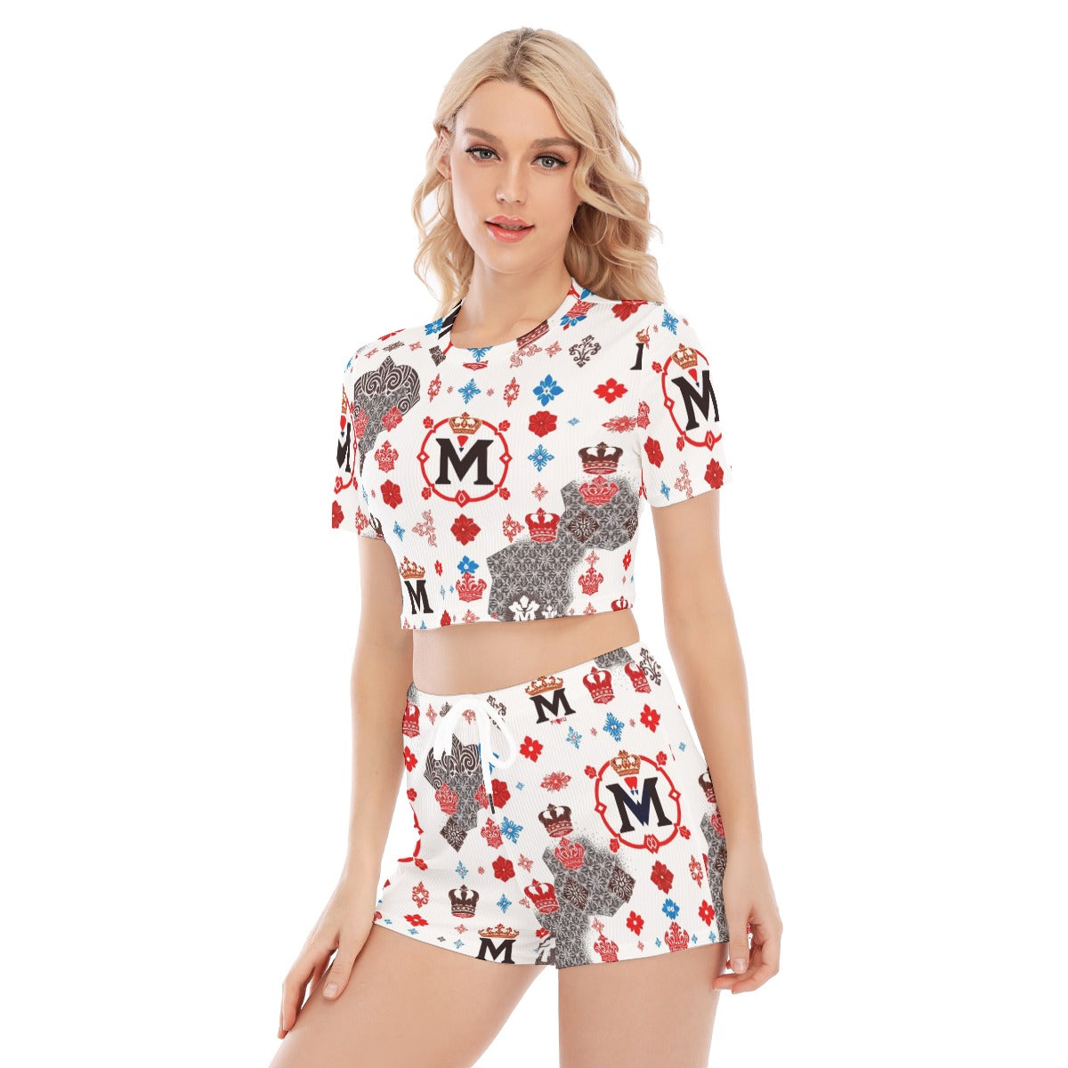 Munsieur luxury printed women's matching set with crown and emblem patterns in white