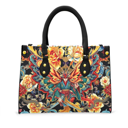 Luxury purse with black handle featuring intricate colorful floral and butterfly design by Munsieur
