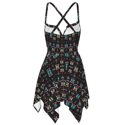 Munsieur black luxury street style dress for women with colorful logo print and crisscross straps