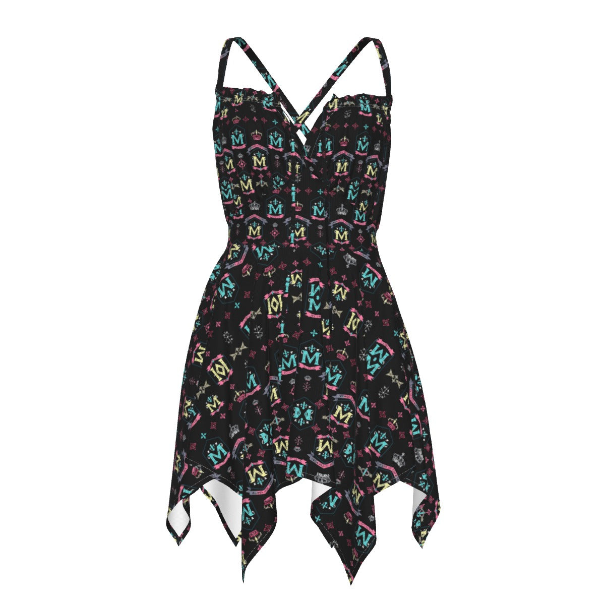 Munsieur black patterned luxury street style dress for women with spaghetti straps and handkerchief hem