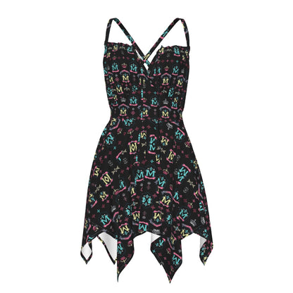 Munsieur black patterned luxury street style dress for women with spaghetti straps and handkerchief hem