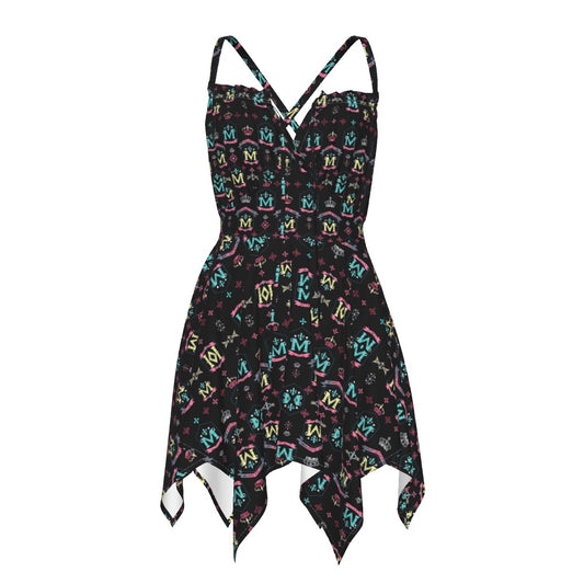 Munsieur black patterned luxury street style dress for women with spaghetti straps and handkerchief hem