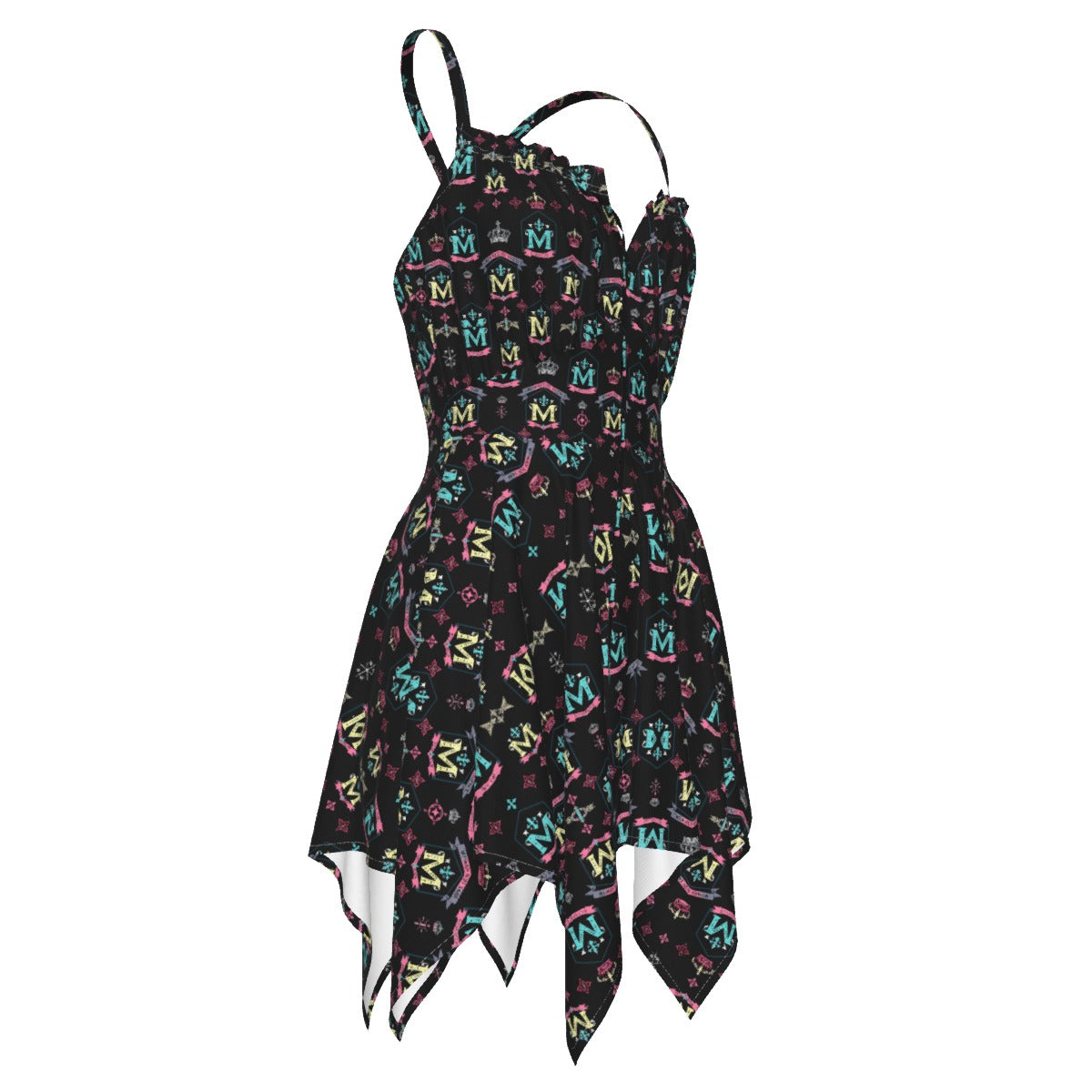 Munsieur luxury street style dress for women with black colorful patterned fabric and asymmetrical hem
