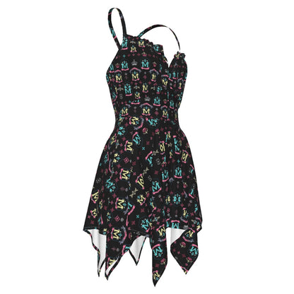 Munsieur luxury street style dress for women with black colorful patterned fabric and asymmetrical hem