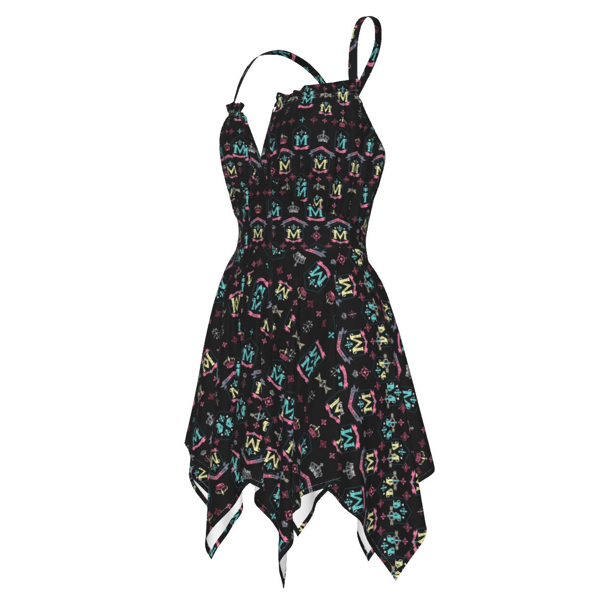 Munsieur black luxury street style dress for women with colorful logo pattern and asymmetrical hem