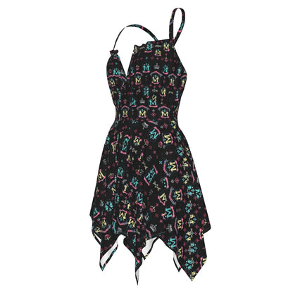 Munsieur black luxury street style dress for women with colorful logo pattern and asymmetrical hem