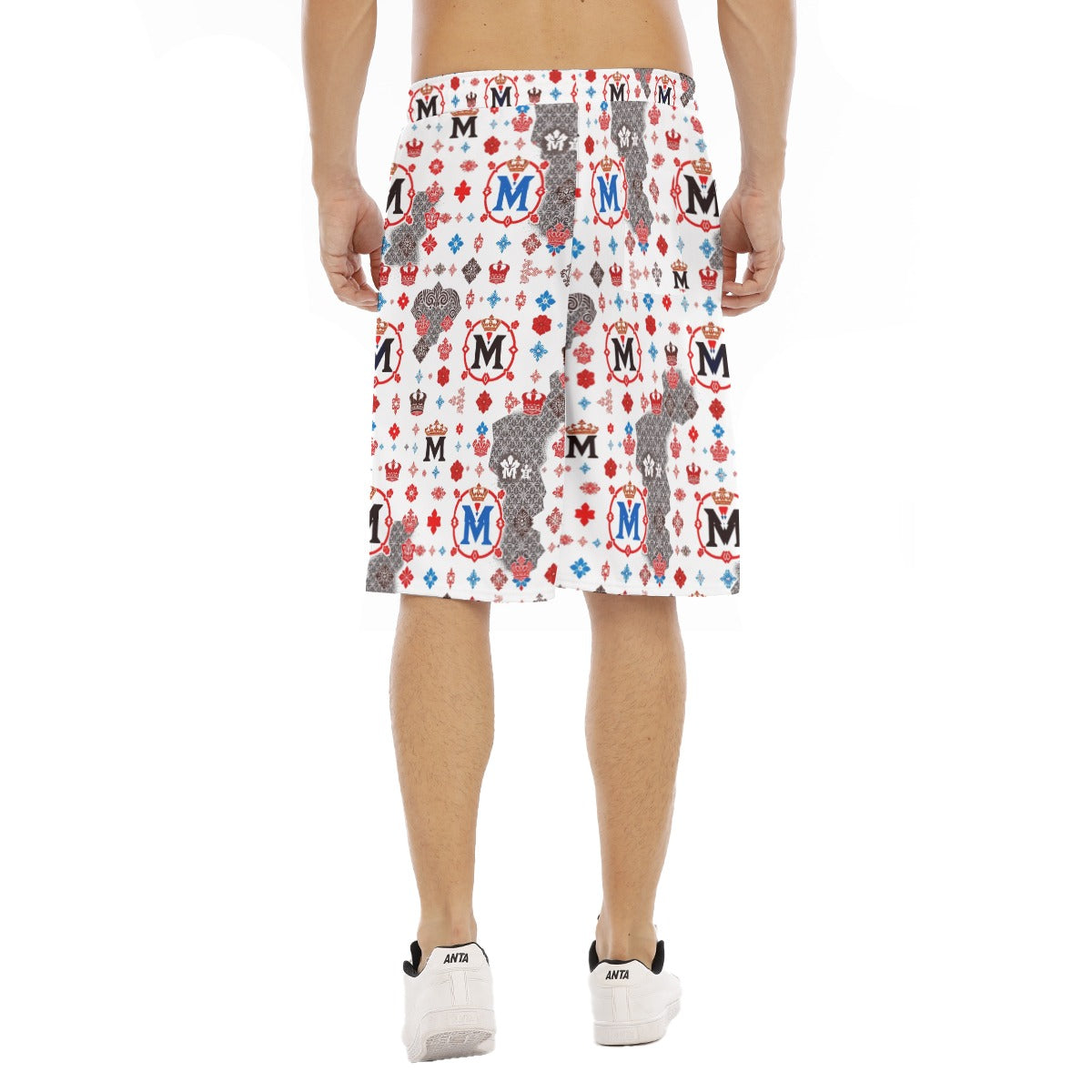 Munsieur luxury streetwear athletic shorts with colorful logo pattern on white background
