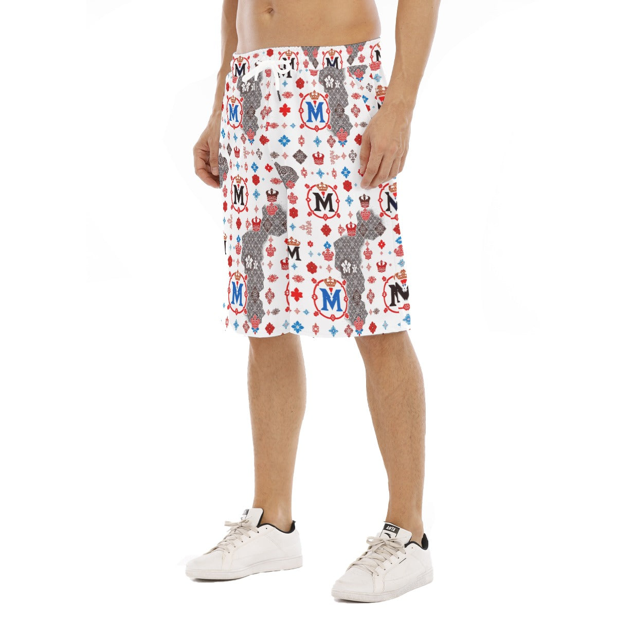 Munsieur luxury streetwear athletic shorts with multicolor logo and graphic print on white fabric