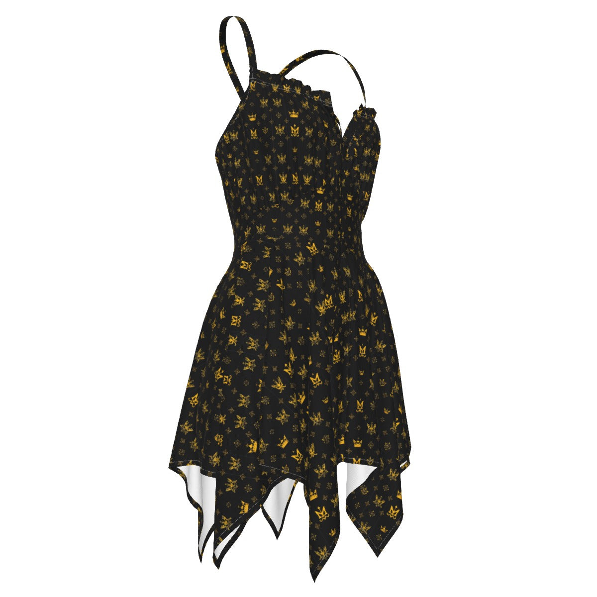 Munsieur black luxury streetwear dress with gold crown print and asymmetric hem