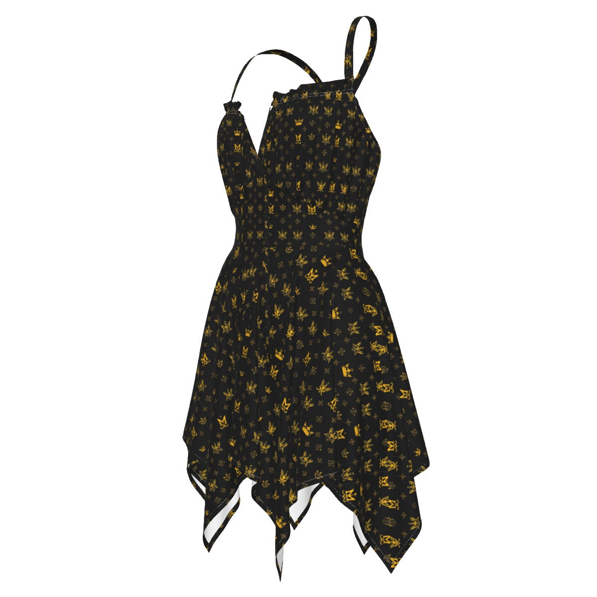 Munsieur luxury streetwear dress in black with gold pattern and asymmetric hemline