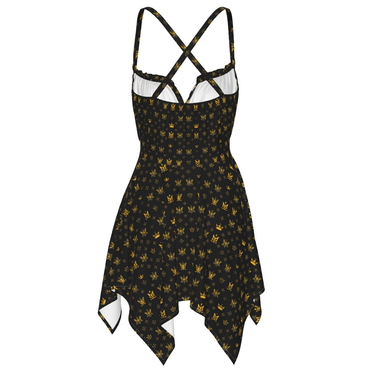 Munsieur black and gold patterned luxury streetwear dress with crisscross straps and handkerchief hem