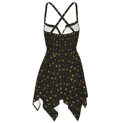 Munsieur black and gold patterned luxury streetwear dress with crisscross straps and handkerchief hem