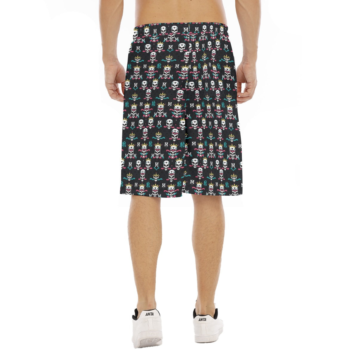 Munsieur luxury streetwear graphic shorts with colorful skull and crown pattern on black fabric
