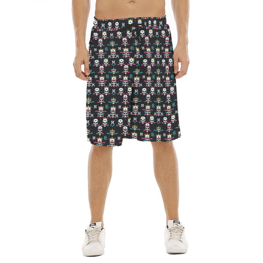 Munsieur luxury streetwear graphic shorts with skull and crown pattern on black fabric