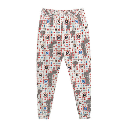 Munsieur luxury streetwear joggers with multicolor logo and crown pattern on white background