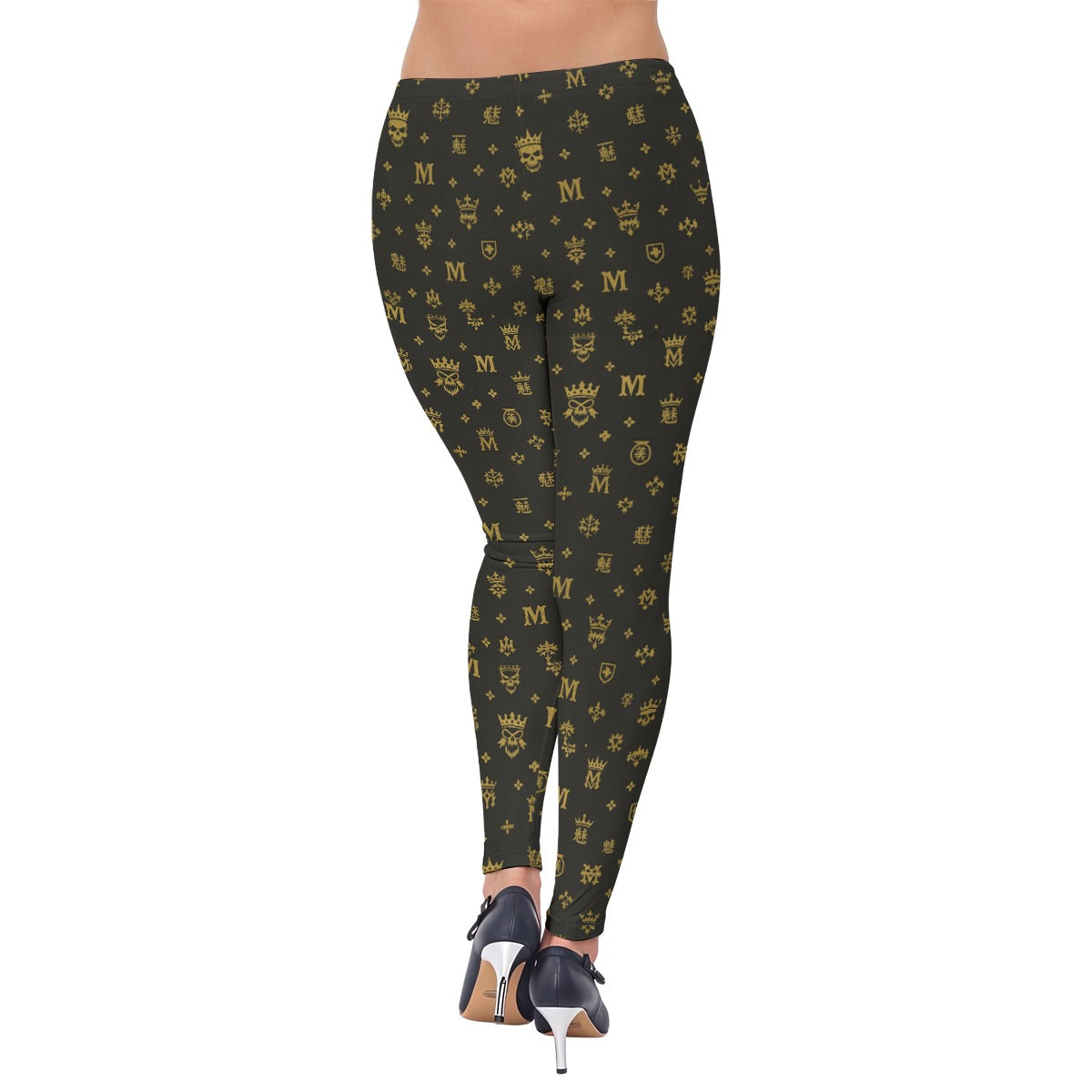 Munsieur luxury streetwear leggings with black and gold pattern worn with black high heels