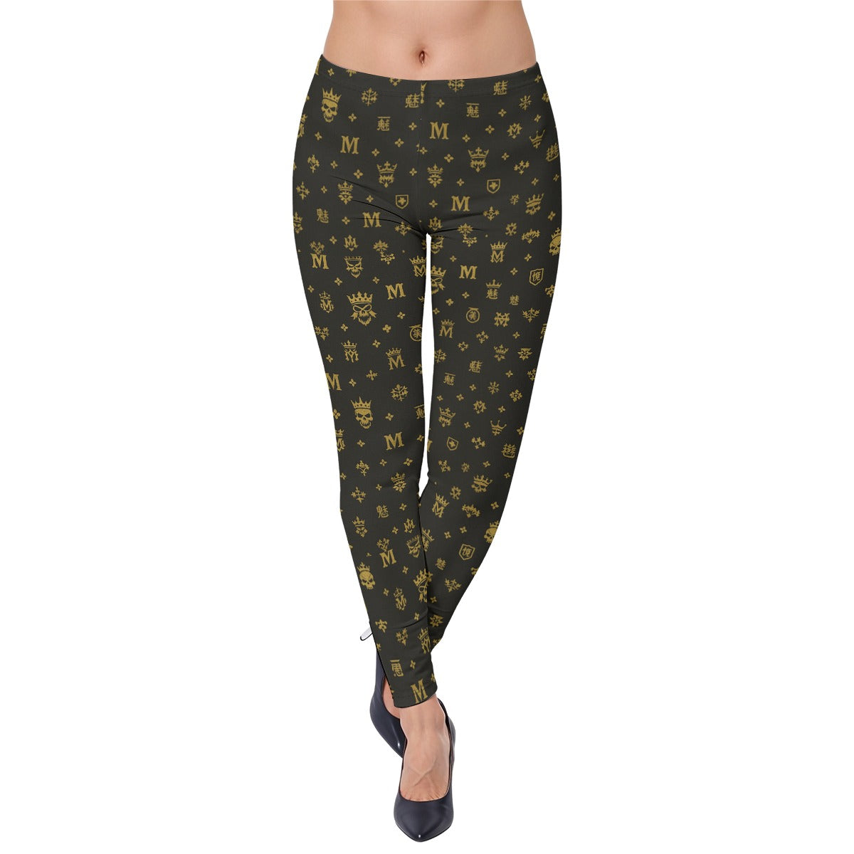 Munsieur luxury streetwear leggings with black and gold monogram pattern styled with black heels