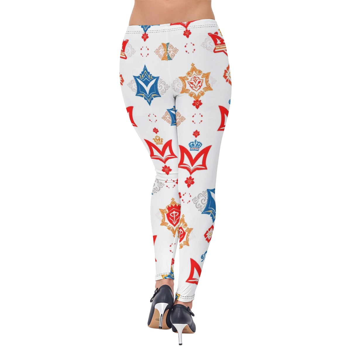 Munsieur luxury streetwear leggings with bold red blue and gold crown patterns on white fabric
