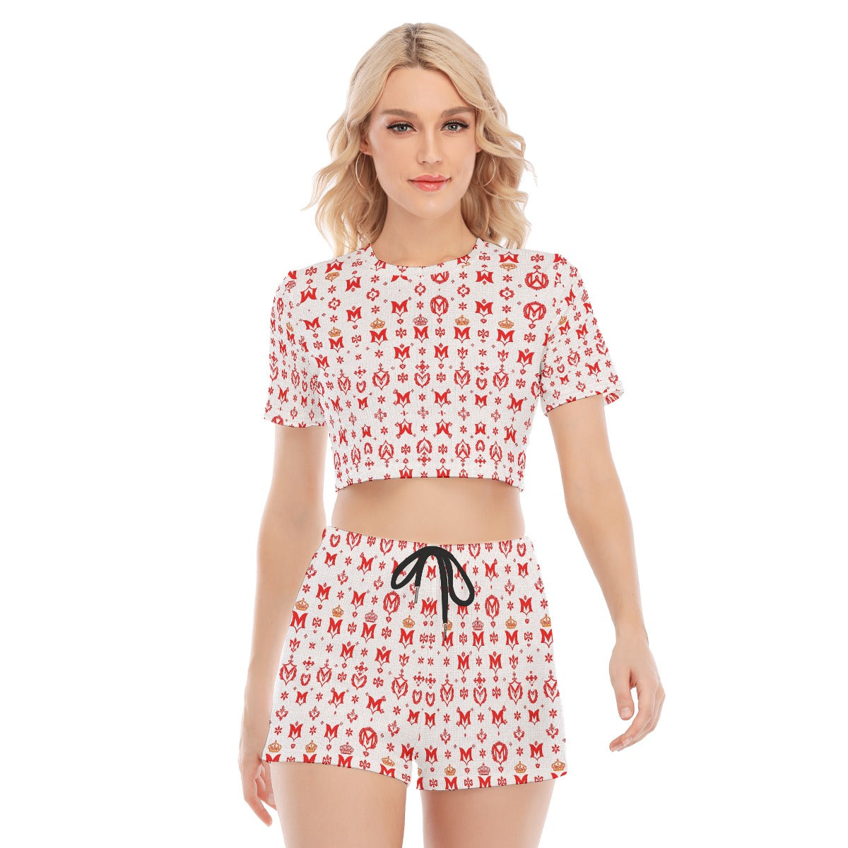 Munsieur luxury streetwear lounge set with red and white patterned crop top and shorts
