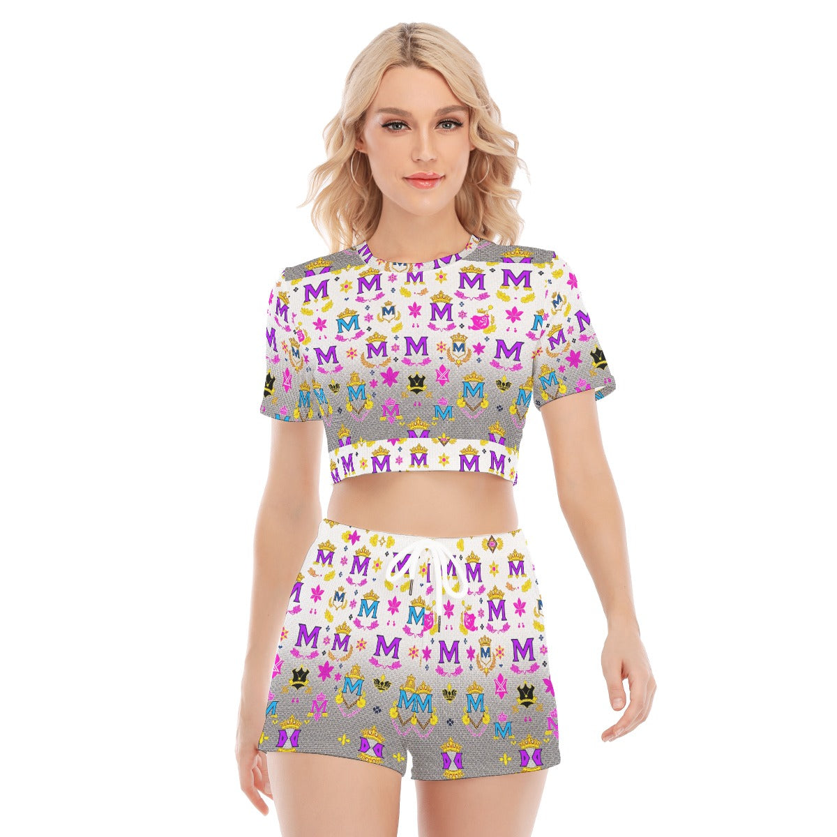 Munsieur luxury streetwear matching set with colorful logo print crop top and shorts for women
