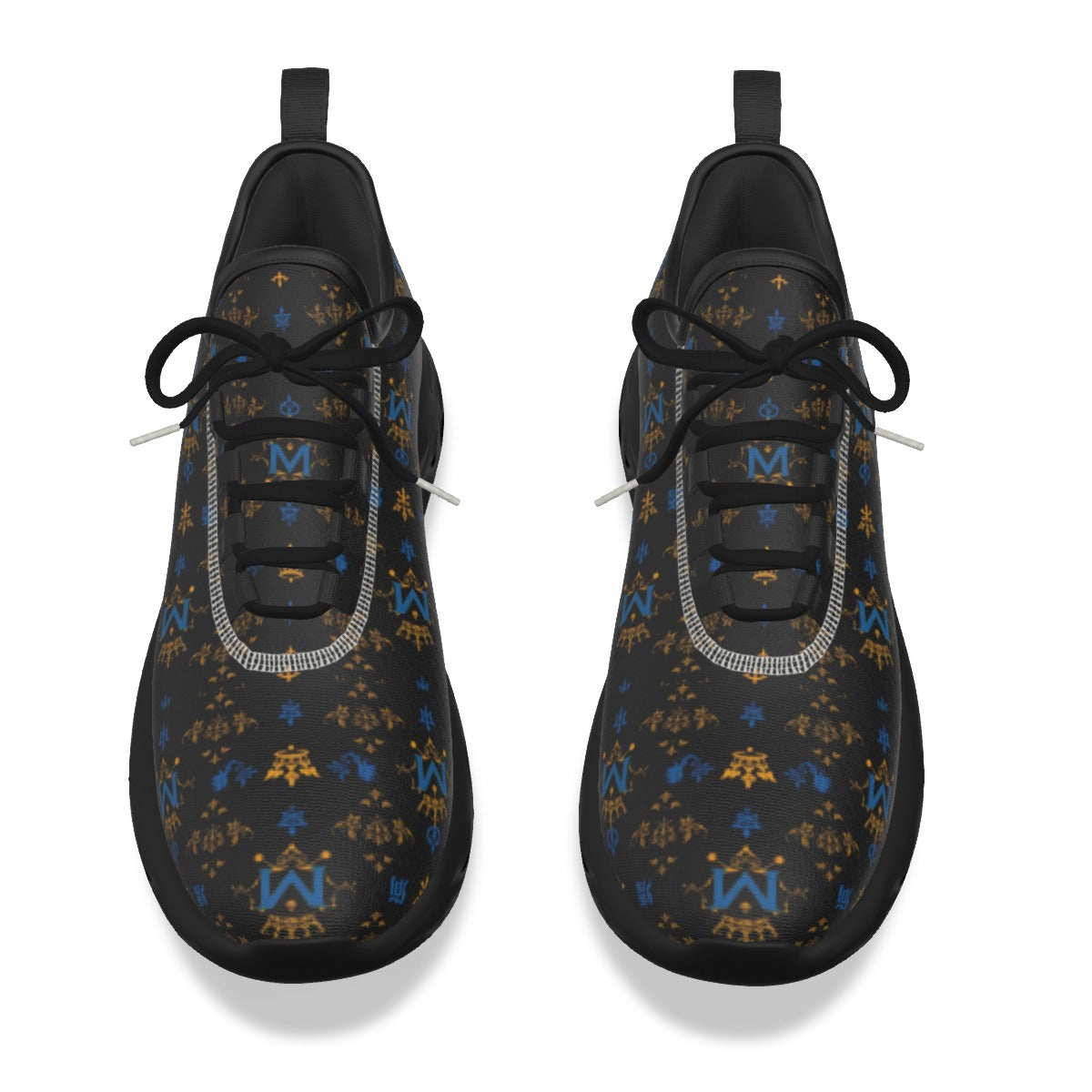 Munsieur black luxury streetwear running shoes with blue and gold patterned design and black laces