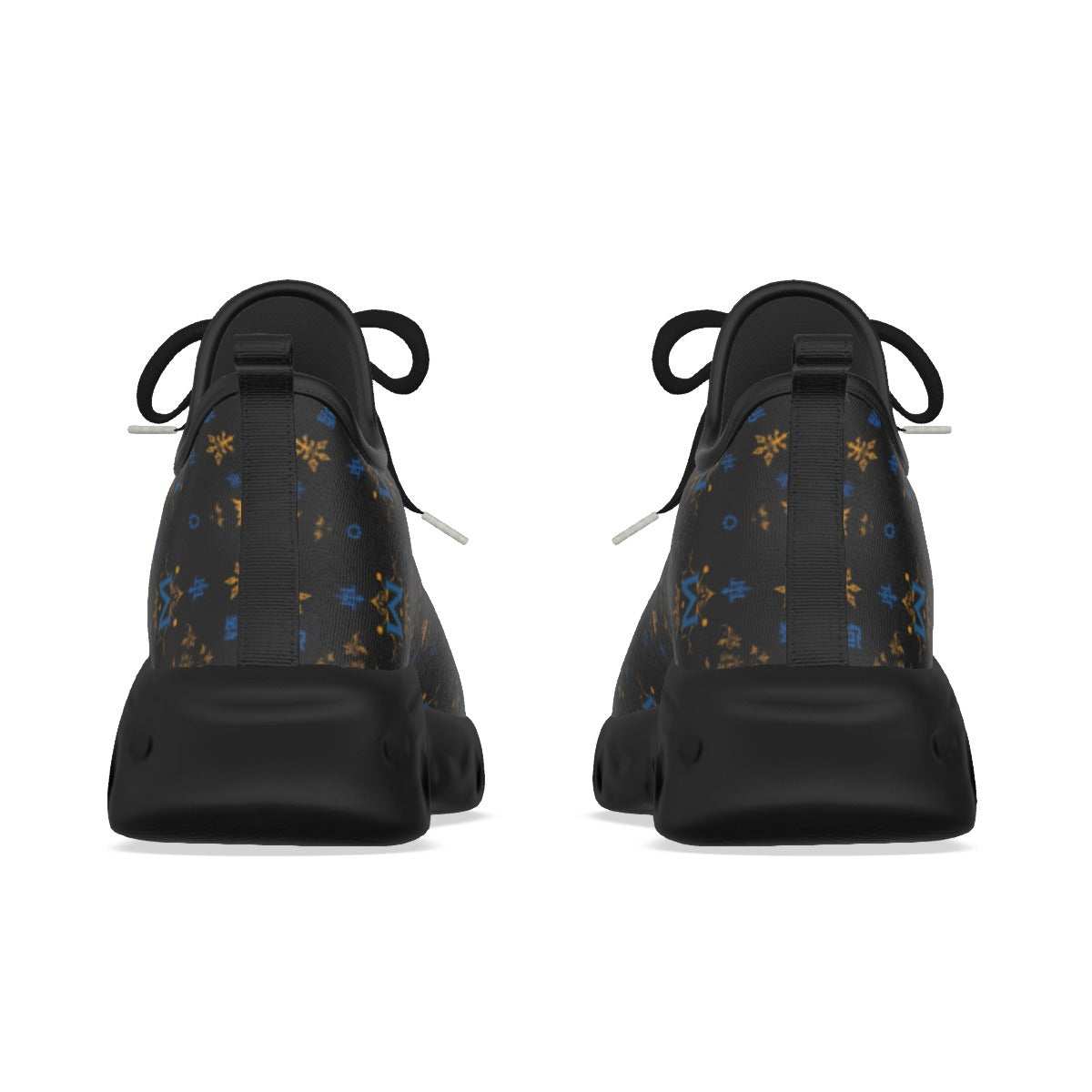 Rear view of Munsieur luxury streetwear running shoes in black with blue and gold patterns