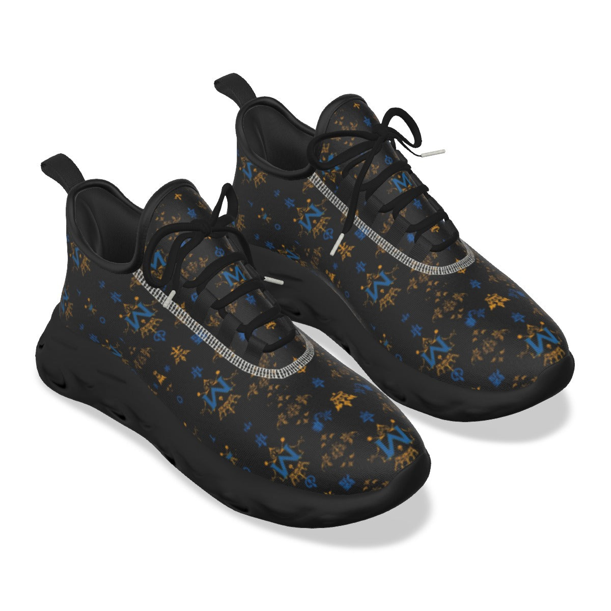 Munsieur luxury streetwear running shoes in black with blue and gold pattern and black sole