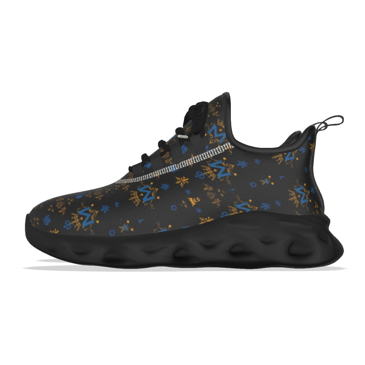 Munsieur black luxury streetwear running shoes with blue and gold abstract pattern and cushioned sole